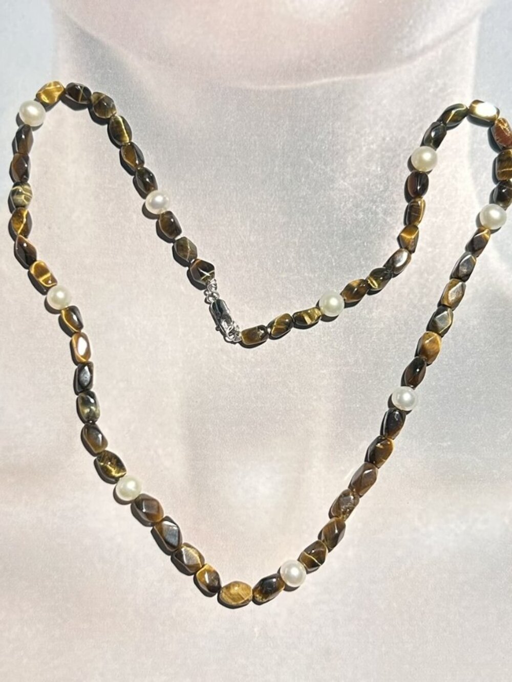 Natural Faceted Tiger-Eye Gemstones Beads and Cultured Pearl Necklace.